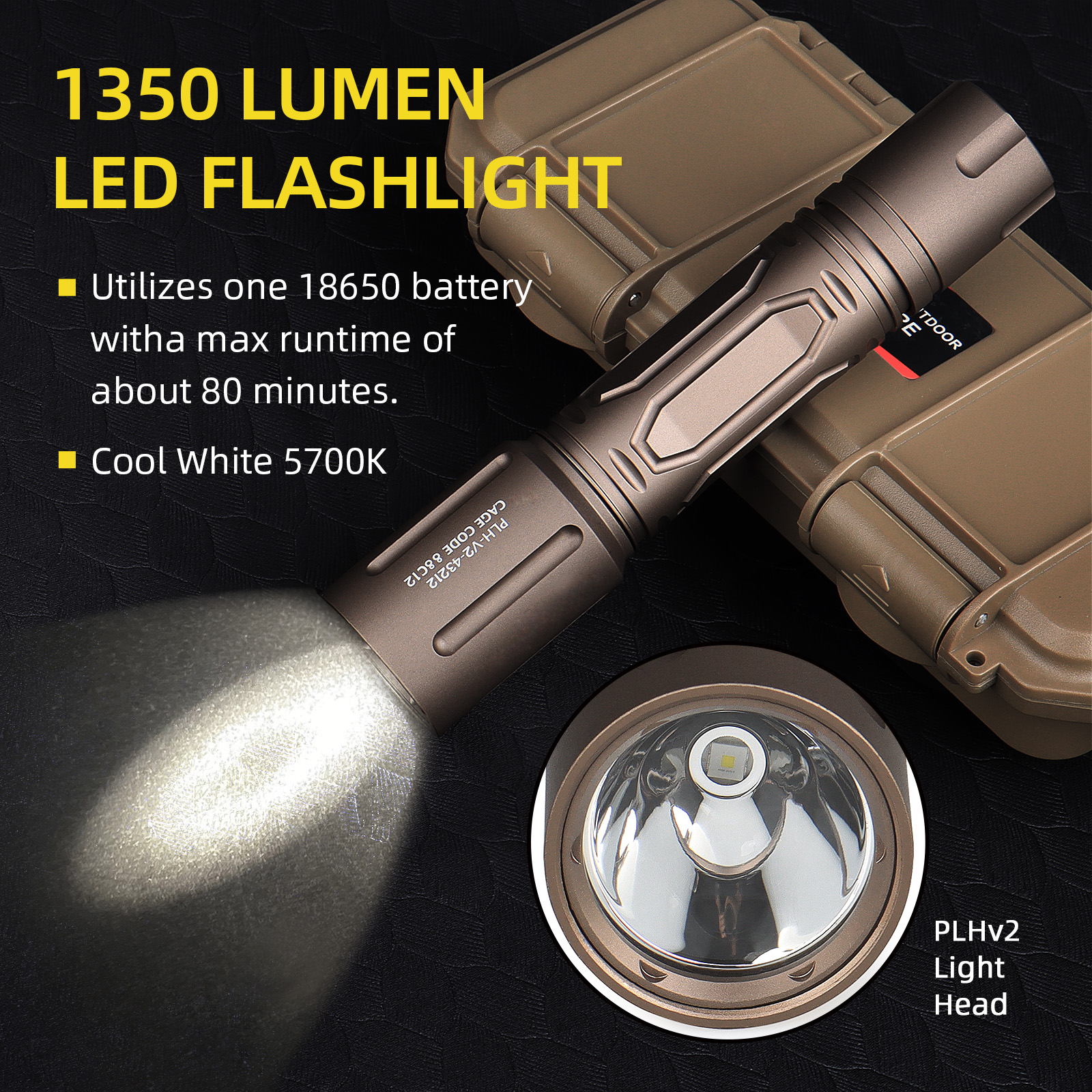 1350 Lumen PLHv2-18650 Cool White 5700K Flashlight
