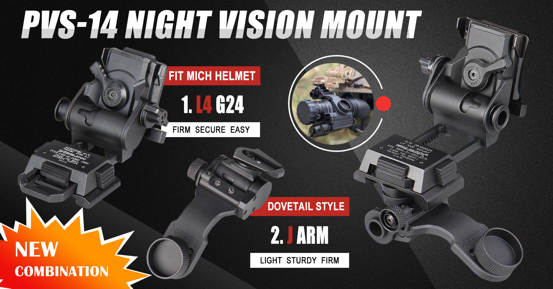 YSS J-ARM headset Helmet Adapter Fit For PVS-14 + L4 G24 Mount -Ar 15 Scope/PVS-18 Helmet Adapter