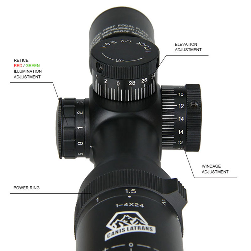 30mm Aluminum Alloy 1x - 4x Variable Power Riflescope with 3V Powered 4 - Level RGB Illuminated Mil - Dot Reticle