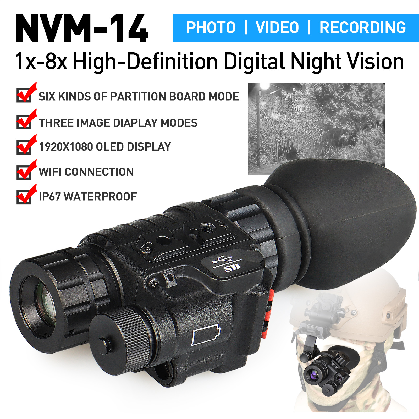 1x-8x Monocular 850nm Infrared NVM-14 High-Definition Digital Night Vision with WIFI
